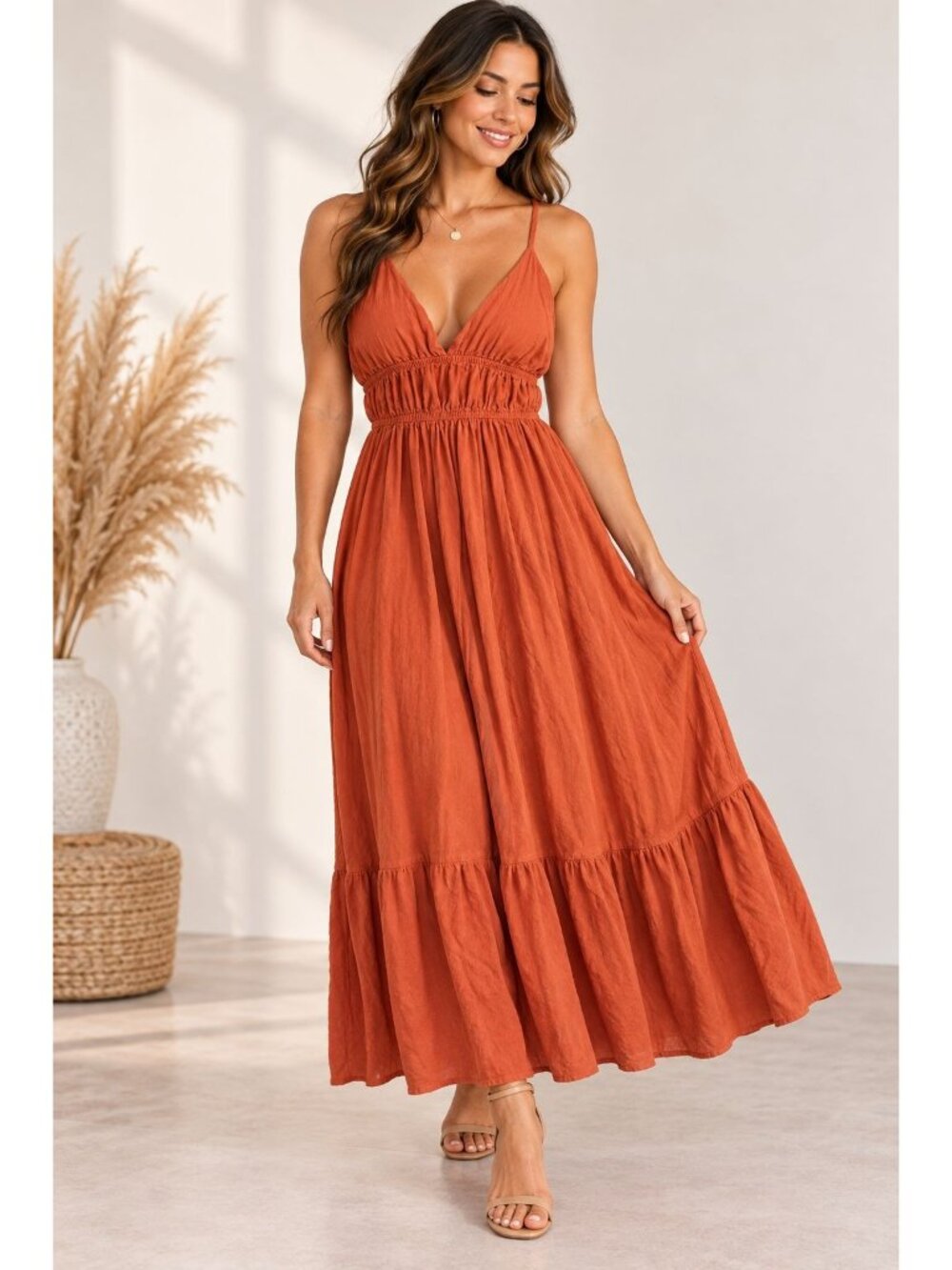 rust-orange maxi dress  flattering cinched elastic waistband Spag Straps Size L